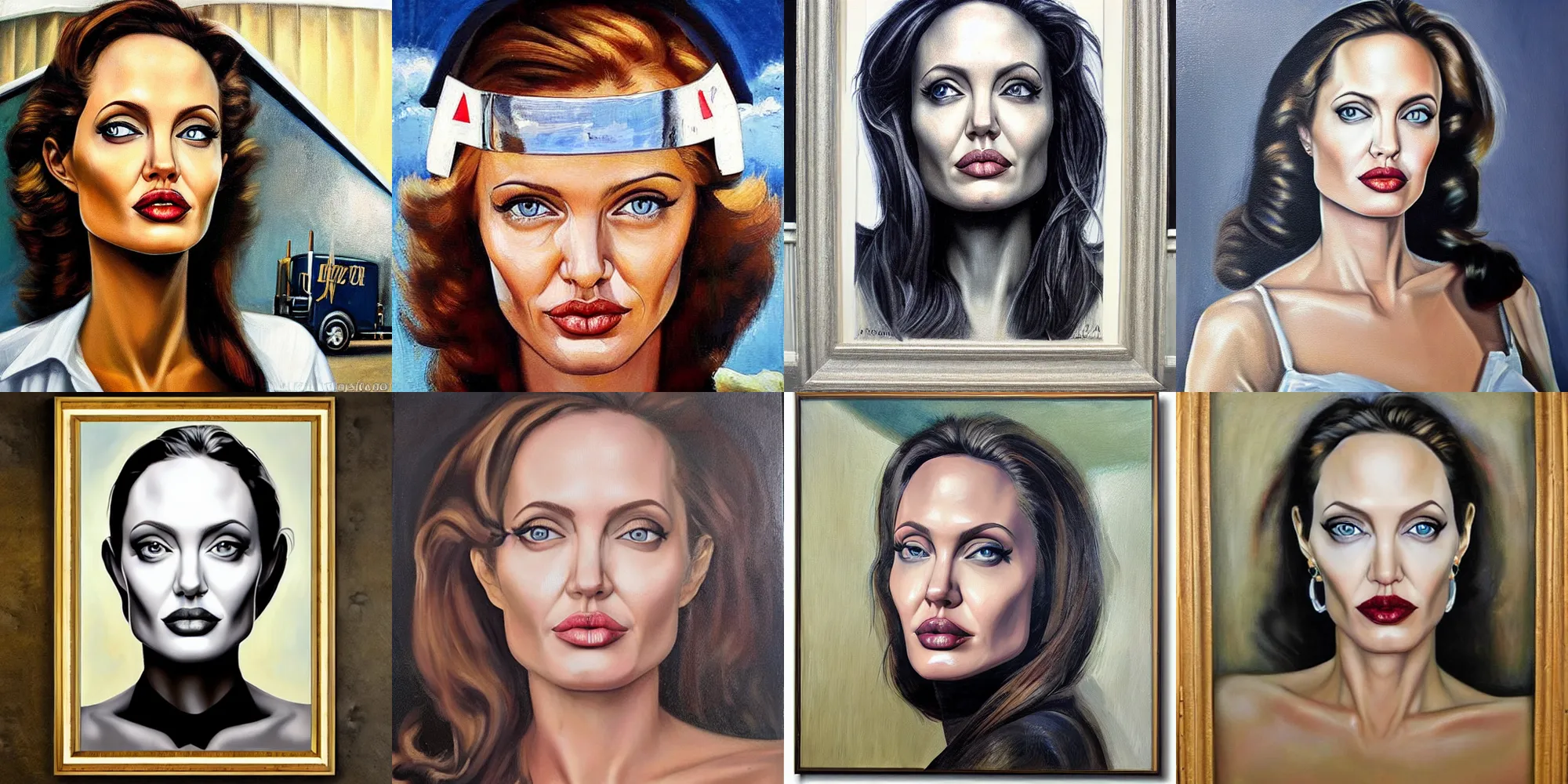 Prompt: symmetrical oil painting half - length portrait angelina jolie trucker truck driver by percevel rockwell - from 1 9 4 0 s, symmetrical eyes