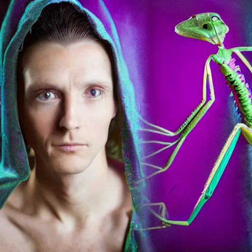 Image similar to 4 k studio portrait photograph of a tall interdimensional mantis extraterrestrial in a purple cloak