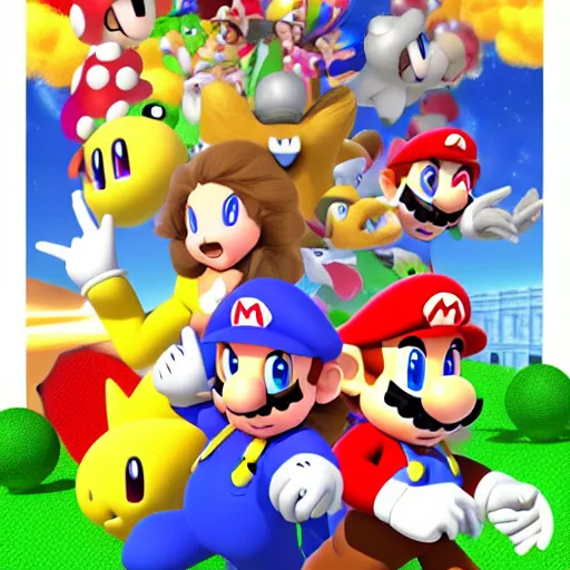 Image similar to super mario brothers and kirby super star ultra movie poster with pokemon super smash bros and princess peach star wars theme pokemon style detailed and accurate eyes