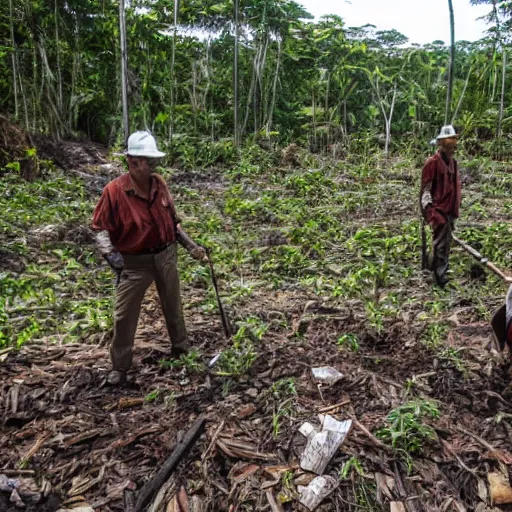 Image similar to oil company executives making money from destroying and polluting the amazon forest