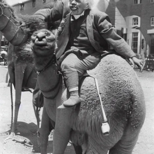 Prompt: einstein riding a camel and eating a hotdog