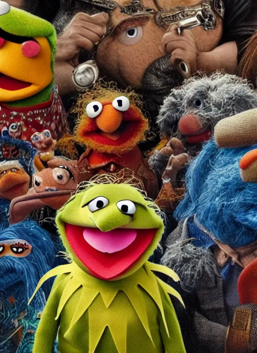 Image similar to a beautiful detailed, realistic painting in the style of bosch of the muppets, f 8, 4 k hd wallpaper