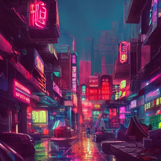 Prompt: a beautiful painting of a neon cyberpunk village by Tokio Aoyama, Mario Martinez, David Normal. photorealistic, trending on artstation, dramatic lighting, 8K, fantasy beautiful, surreal, cinematic.