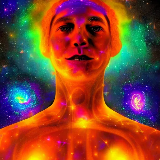 Image similar to psychadelic depiction of a person's soul ascending into the cosmos, 4k