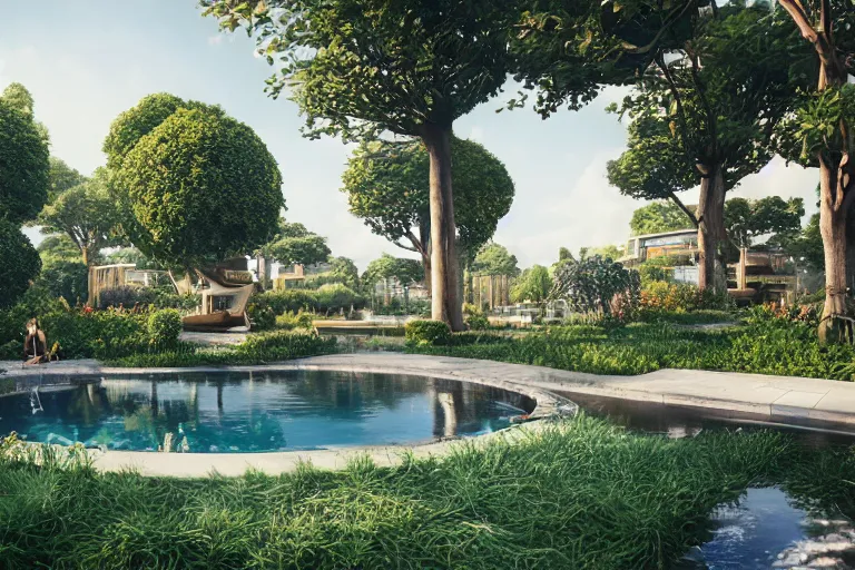 Image similar to serene garden with pool and rounded futuristic housing in the background, hyper realistic, ambient lighting, concept art, intricate, hyper detailed, smooth, dynamic volumetric lighting, octane, raytrace, cinematic, high quality, high resolution, 4 k, cgsociety, rutkowski, gurney