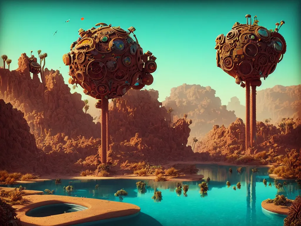 Prompt: 80s outdoor retro arcade, desolate, desert oasis vegetation:: beeple and James Gilleard and Justin Gerard :: ornate, dynamic, particulate, intricate, elegant, highly detailed, centered, artstation, smooth, sharp focus, octane render, 3d