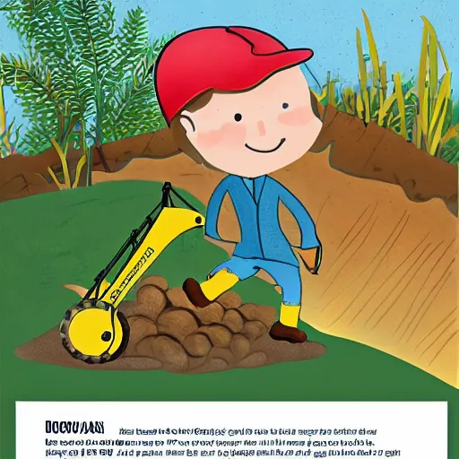 Image similar to picture book illustration of a digger in the back yard