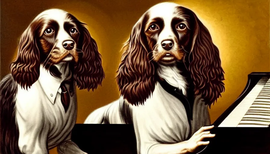 Prompt: a brown sprocker Spaniel playing piano. Artwork, classic, famous, style of Cassius Marcellus Coolidge.