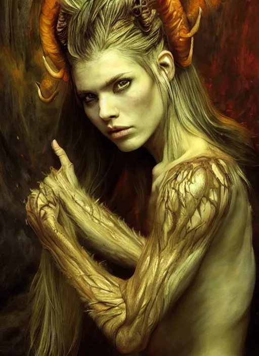 Prompt: half demon half human intricate skin hairy costume, elegant, peaceful, full body, horns, hyper realistic, extremely detailed, dnd character art portrait, fantasy art, intricate fantasy painting, dramatic lighting, vivid colors, deviant art, artstation, by edgar maxence and caravaggio and michael whelan and delacroix.