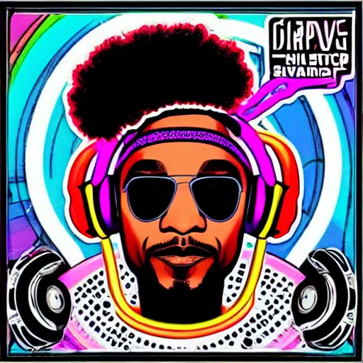 Image similar to svg sticker of a Dancing-Ben-Harper-Snoop-Spike-Lee-with-a-large-Afro-Puff, at a rave, spinning records, giant headphones rocking out, wearing headphones, huge speakers, dancing, rave, DJ, spinning records, digital art, amazing composition, rule-of-thirds, award-winning, trending on artstation, featured on deviantart