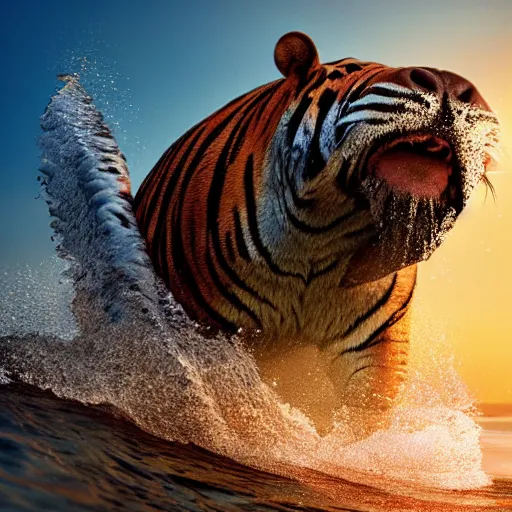 Prompt: a closeup photorealistic photograph of a happy cute tiger hippopotamus riding a large wave during sunset. surf in the background. professional capture. brightly lit scene. this 4 k hd image is trending on artstation, featured on behance, well - rendered, extra crisp, features intricate detail, epic composition and the style of unreal engine.