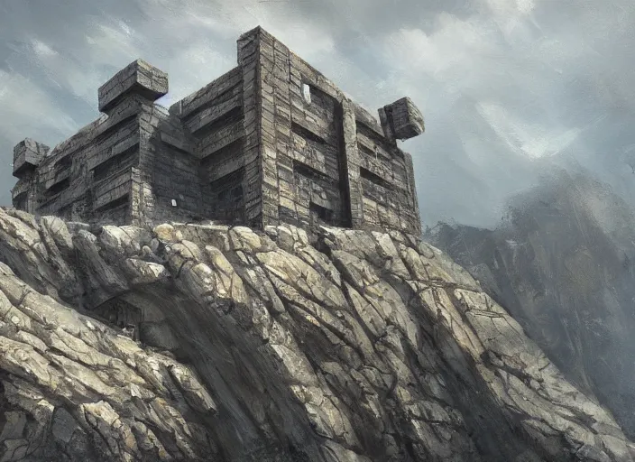 Image similar to concept art of brutalist big house on cliffs, hard rocks, oil painting by jama jurabaev, extremely detailed, brush hard, artstation, for aaa game, high quality, brush stroke
