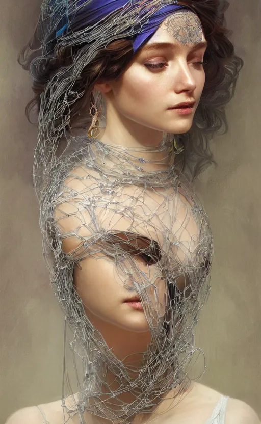 Image similar to portrait of a humanoid robot wearing a veil, mystic, mystical, robot body, wires, robotic, intricate, headshot, highly detailed, digital painting, artstation, concept art, sharp focus, cinematic lighting, digital painting, art by artgerm and greg rutkowski, alphonse mucha, cgsociety