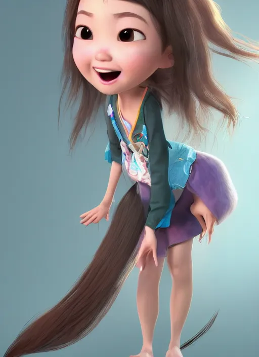 Image similar to a cute asian girl singing, flowing hair in the style of pixar animation, full body shot, viewed from bellow, award winning, hyper detailed, studio lighting, artstation, octane renderer, unreal engine