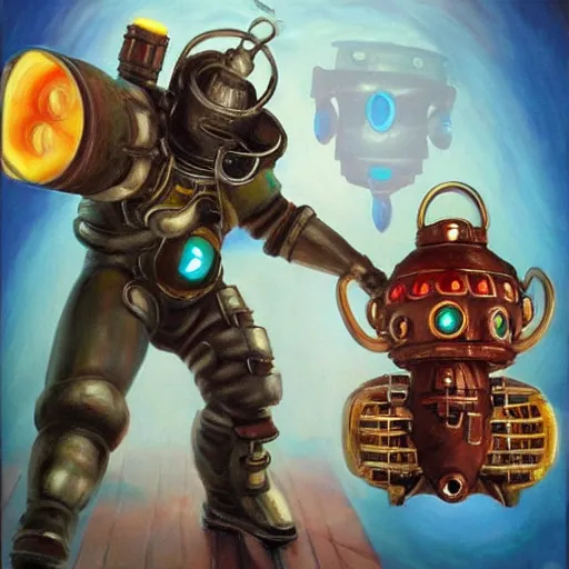 Image similar to bioshock big daddy, colorful oil painting,