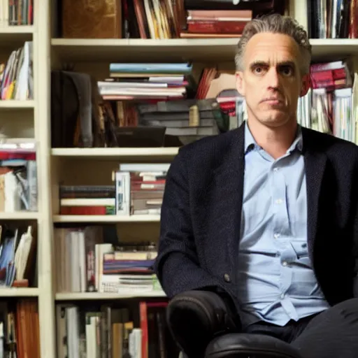 Prompt: jordan peterson in a messy room, bad posture