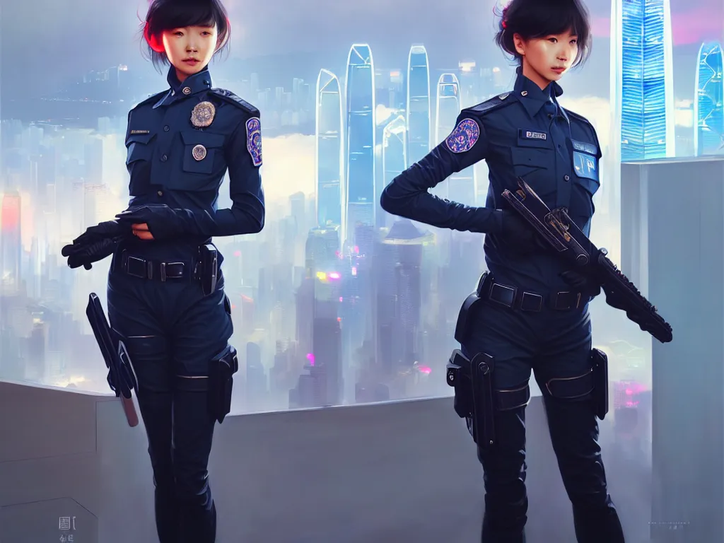 Prompt: portrait futuristic hong kong police uniform girl, at future neon light rooftop, ssci - fi and fantasy, intricate and very very beautiful and elegant, highly detailed, digital painting, artstation, concept art, smooth and sharp focus, illustration, art by tan zi and ayanamikodon and alphonse mucha and wlop