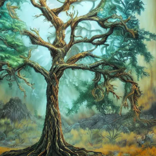 Prompt: A 35 year old tree, fantasy painting, lots of detail