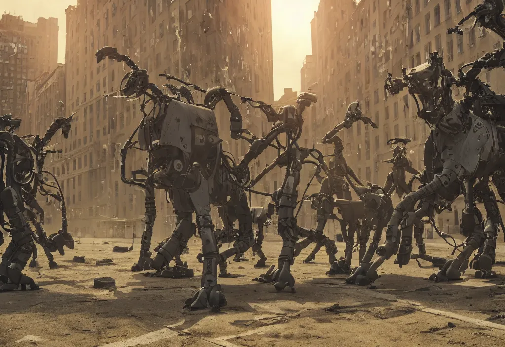 Image similar to accidentally wes anderson award - winning photograph of boston dynamics robots fighting with bureaucrats in suits in city ruins, epic battlescene, 4 k, detailed, art by greg rutkowsky, trending on artstation, cinematic lighting, filmic grain, golden hour, detailed, 4 k