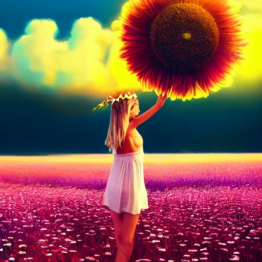 Image similar to giant daisy flower as head, full body girl dancing in a flower field, surreal photography, sunrise, dramatic light, impressionist painting, colorful clouds, digital painting, artstation, simon stalenhag