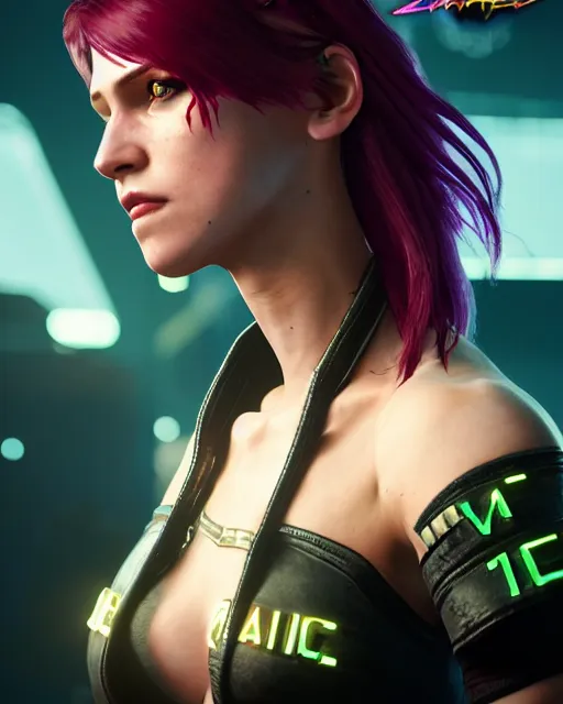 Prompt: female v from cyberpunk 2 0 7 7, perfect face, black halter top, maroon hair, green eyes, cinematic, stunning, agile, highly detailed, digital painting, artstation, smooth, hard focus, illustration, art by jessica rossier and and brian froud