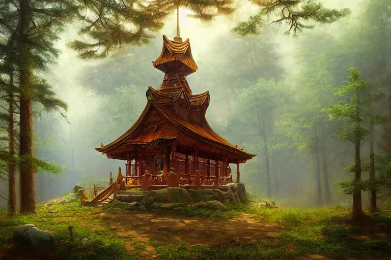 Image similar to wooden temple in the forest, very detailed, focused, oil painting, colorful, canvas, artstation, Vsevolod Ivanov, Albert Bierstadt