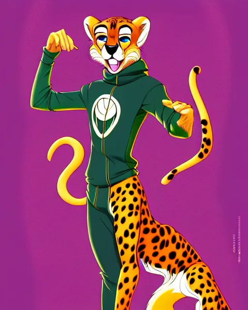 Image similar to don bluth, loish, artgerm, joshua middleton, anthropomorphic cheetah, wearing a track suit, smiling, symmetrical eyes symmetrical face, colorful animation forest background