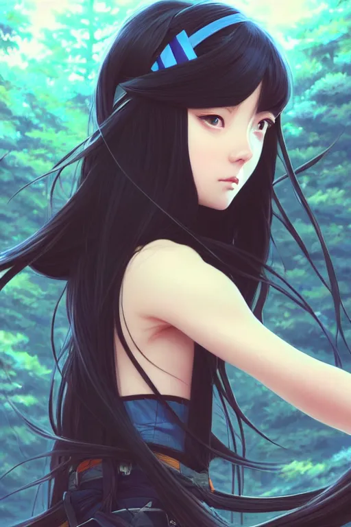 Image similar to a beautiful girl with long dark hair, wearing a ninja uniform, forest background, intricate, highly detailed, digital painting, artstation, official media, anime key visual, concept art, rich vivid colors, ambient lighting, sharp focus, illustration, art by Artgerm, Makoto Shinkai, Ilya Kuvshinov, Lois Van Baarle, and Rossdraws