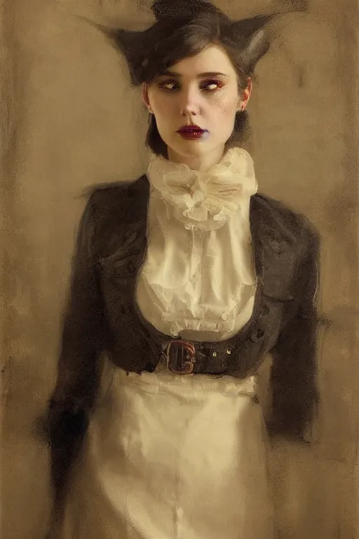 Image similar to Richard Schmid and Jeremy Lipking full length portrait painting of a young beautiful victorian steampunk vampire woman