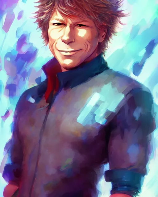 Image similar to anime portrait of Jon Bon Jovi as an anime man by Stanley Artgerm Lau, WLOP, Rossdraws, James Jean, Andrei Riabovitchev, Marc Simonetti, and Sakimichan, trending on artstation