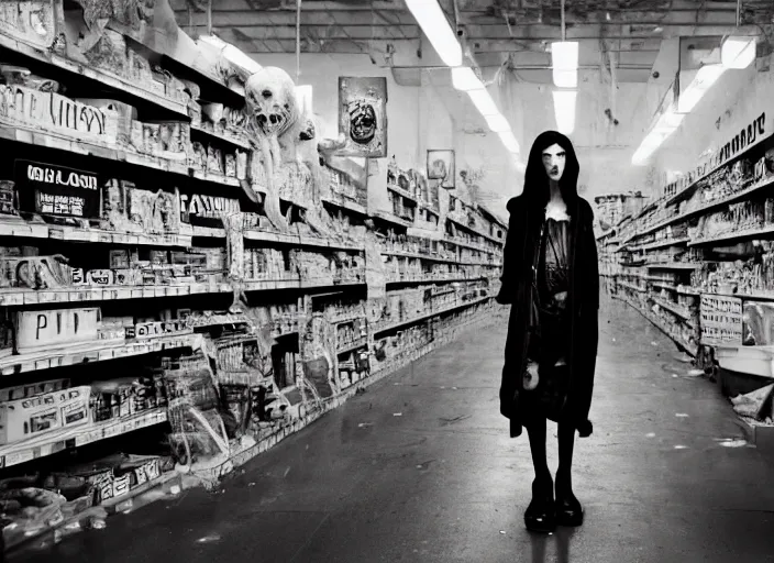 Image similar to 28mm photo of a woman in post apocalyptic supermarket, in the style of David cronenberg ,scary, weird, high fashion, ID magazine, vogue magazine, magazine, surprising, freaky, freak show, realistic, sharp focus, 8k high definition, medium format film photography, photo realistic, insanely detailed, intricate, elegant, art by yoshitaka amano and David kostic and stanley lau and artgerm