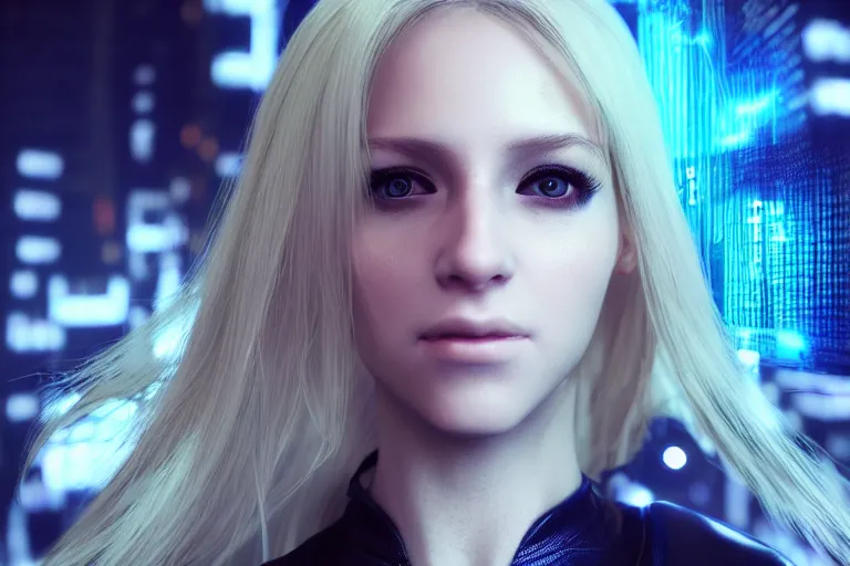 Image similar to a beautiful blonde girl trapped in the matrix, futuristic, cyberpunk, 3 d rendered, 3 d rendering, dramatic lighting, dark theme, hdr, unreal engine 5, hyper realistic