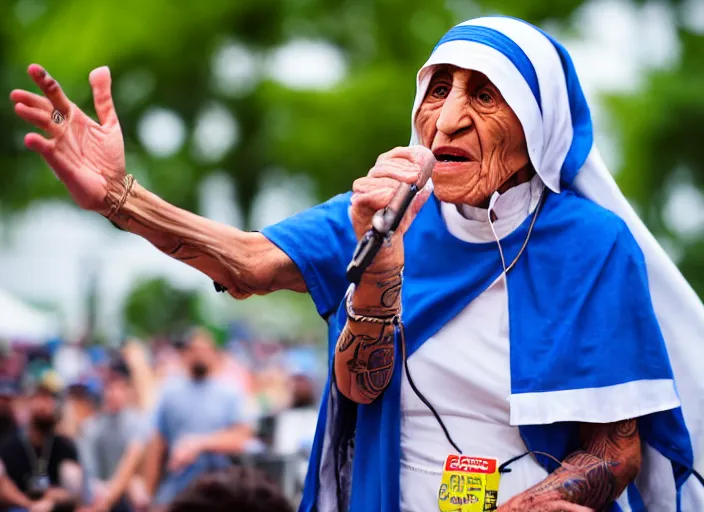 Image similar to photo still of mother teresa on stage at vans warped tour!!!!!!!! at age 4 8 years old 4 8 years of age!!!!!!! throwing roseries to the crowd, 8 k, 8 5 mm f 1. 8, studio lighting, rim light, right side key light