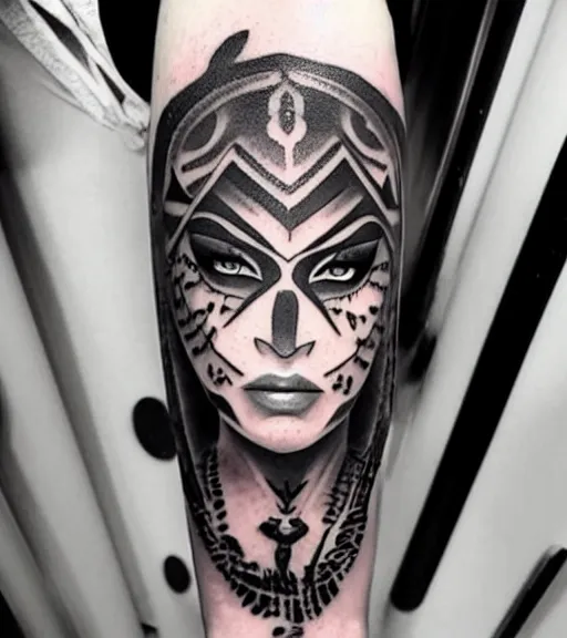 Image similar to tattoo design of a beautiful girl warrior under a tiger head, hyper realistic, realism tattoo, by eliot kohek, beautiful eyes, realistic face, black and white, white background