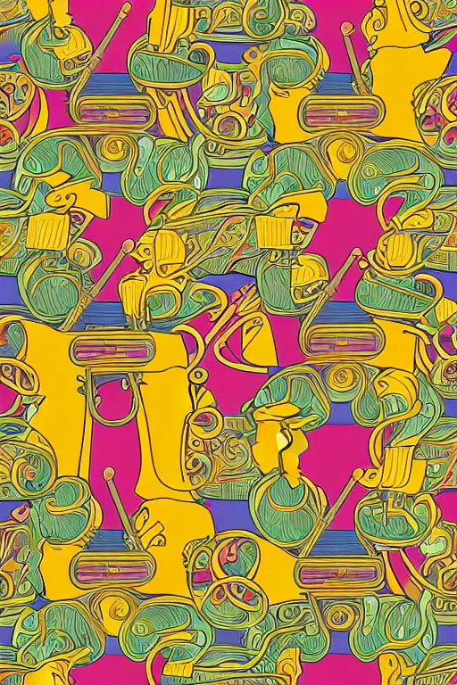 Image similar to seamless 2 d pattern of bizarre musical instruments, highly detailed, designed by tarsila do amaral and alphonse mucha, graphic design, 8 k, 4 k