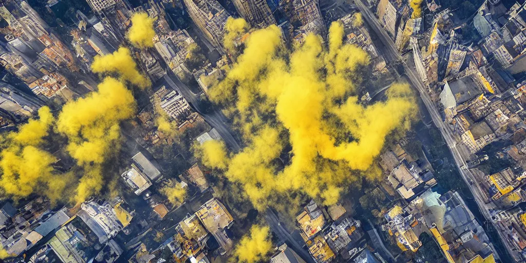 Prompt: kiev city streets covered in yellow and blue smoke, drone photography, by kim keever