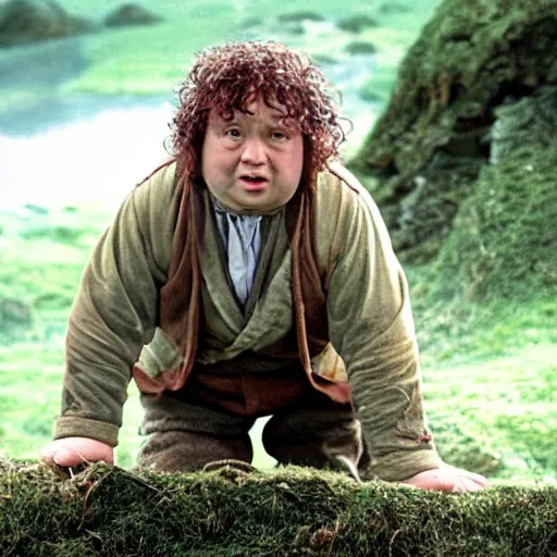 Image similar to Bartook is a twenty-something hobbit with curly brown hair who is slightly overweight, high resolution film still, movie by Peter Jackson