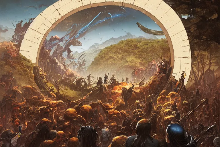 Prompt: a rally of people below a circular portal, by greg rutkowski and frank frazetta and peter mohrbacher and william blake and dan mumford