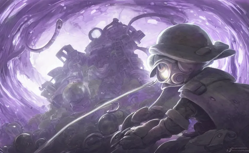 Image similar to made in abyss bondrewd in idofront underground landscape purple light drawn by justin gerard