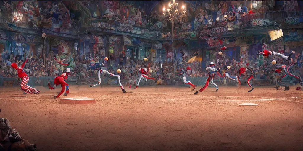 Prompt: magicians playing baseball against a team of clowns, realistic 4 k octane beautifully detailed render, 4 k post - processing, highly detailed, intricate complexity, epic composition, magical atmosphere, cinematic lighting, masterpiece, ultra hd