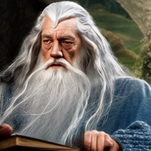 Prompt: Gandalf using the internet to look for information about the One Ring