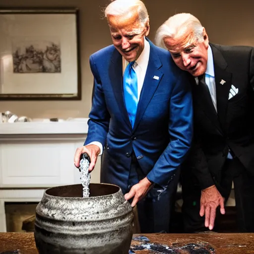 Image similar to joe biden standing over a bubbling and glowing magical pot