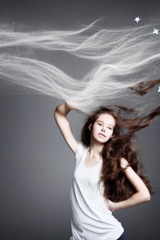 Image similar to a beautiful girl with long flowy hair, floating in thin air, black background