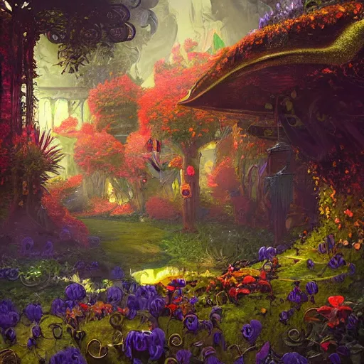 Image similar to dreamlike zelda garden fantasycore , glossy painting, Art Nouveau Cosmic 4k Detailed Matte Illustration featured on Getty Images ,CGSociety, Jade and Carrot orange color scheme, Pastiche by Marc Simonetti, Pastiche by Cedric Peyravernay