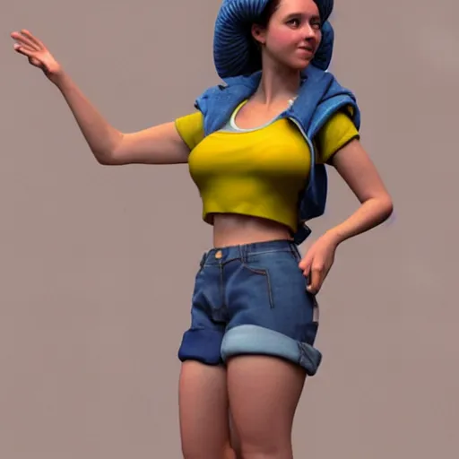 Prompt: 3 d render, portrait, upper body shot, mid shot, anthropomorphic mouse, female, wearing denim short shorts and a off yellow tank top shirt, in the style of disney's robben hood