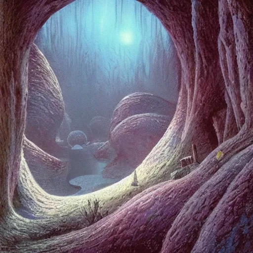 Prompt: artistic digital artwork of an epic natural scene on an alien planet. beautiful landscape by vincent bons, michael whelan and remedios varo. grainy and rough. interesting pastel colour palette. beautiful light. oil and water colour based on high quality render.