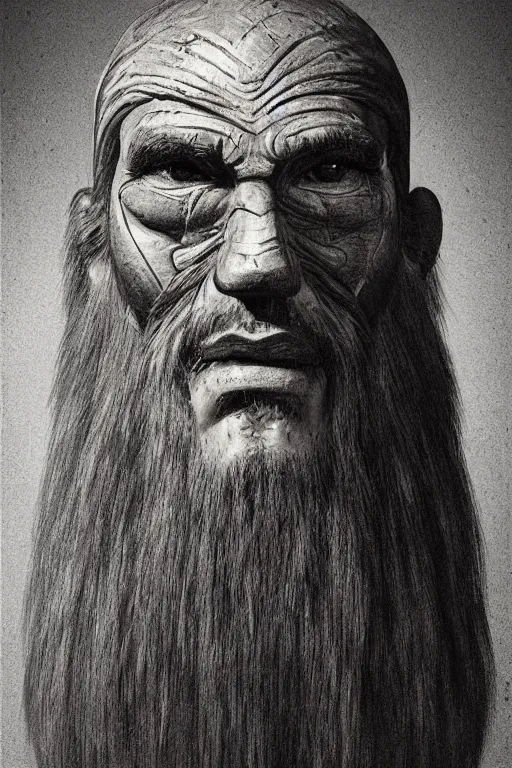 Image similar to portrait, headshot, digital painting, an old bearded shaman in slavic angular carved wood mask, realistic, hyperdetailed, chiaroscuro, concept art, art by frans hals