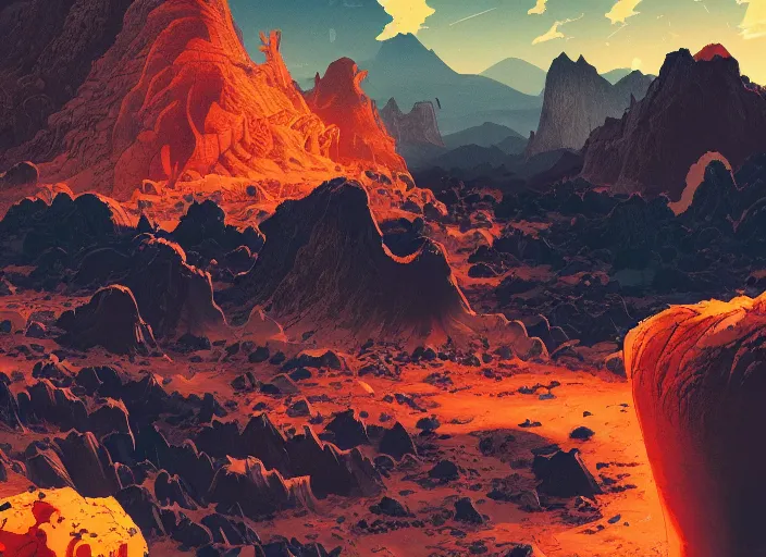 Image similar to an alien hostile volcanic canyon landscape, dynamic shadows, dynamic lighting, ilya kuvshinov, kyoani, hiroaki samura, yoshinari yoh, james jean, katsuhiro otomo, erik jones, cel shaded, anime poster, trending on artstation