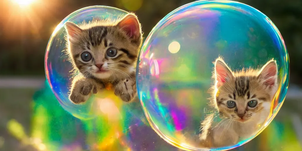 Image similar to an adorable kitten stuck inside of a giant iridescent floating soap bubble, bokeh, golden hour, back yard, golden hour