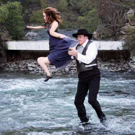 Image similar to a photograph of john c reilly throwing emma watson off of a bridge into a river
